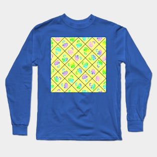 Window Pane Diagonal Floral Black Line on Yellow Long Sleeve T-Shirt